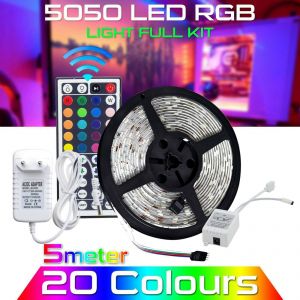  Teenager Shop אקססוריז לחדרי נוער 5M RGB 5050 Waterproof LED Strip Light SMD 44 IR Remote 12V US/EU Power Full Kit